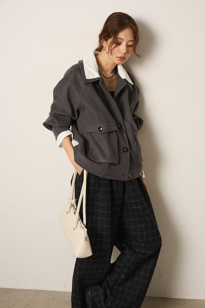 [SET]衿レイヤードフェイクウールジャケット+ウールライクチェックタックパンツ(2set)