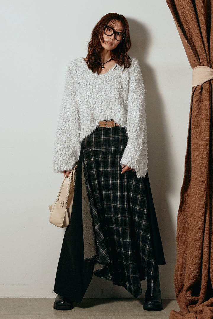 [SET]深Vネックチョウチョヤーンニットトップス+フェイクレザーベルト付き切り替えタータンチェックスカート(2set)