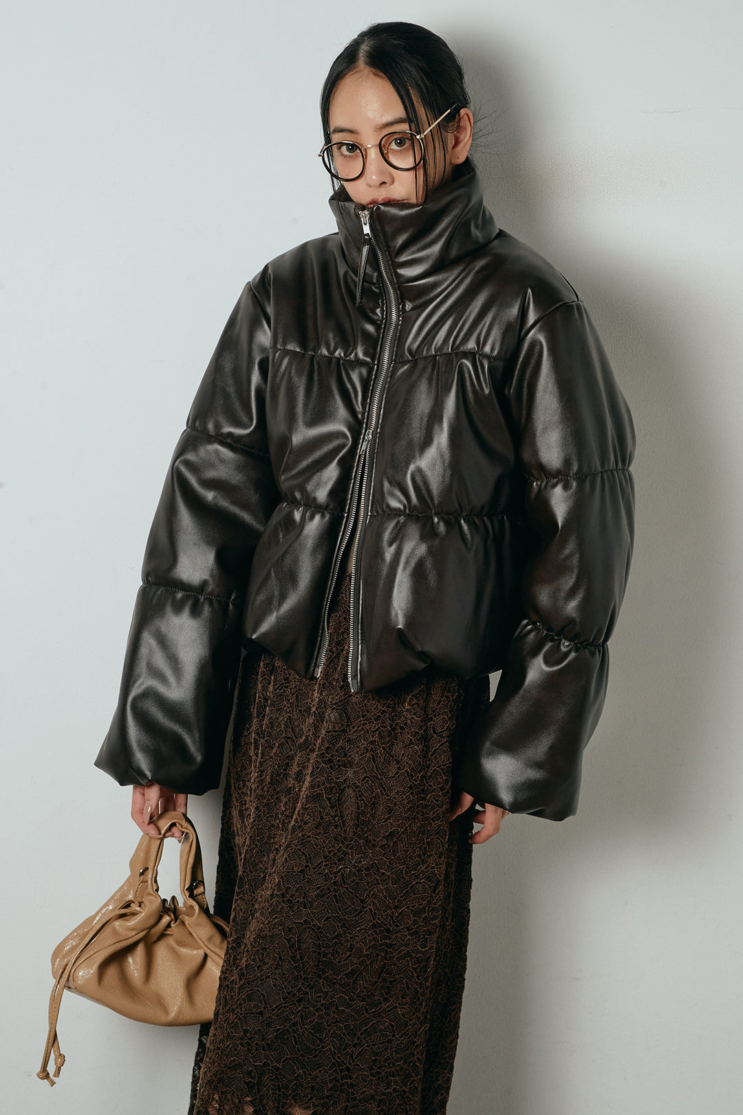 [SET]レザーライクWジップスタンドカラー中綿ブルゾン+総レース刺繍スカート(2set)