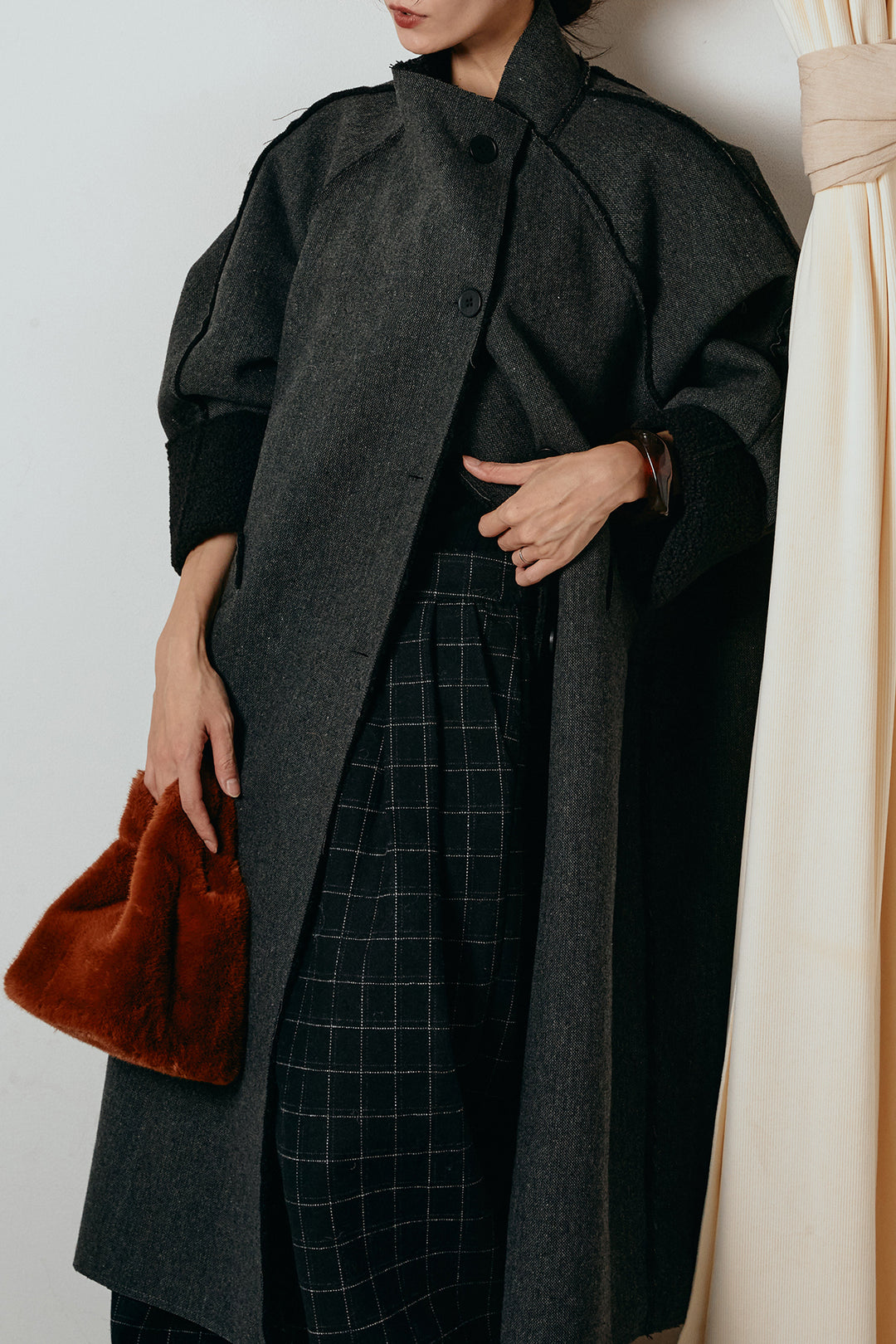 [SET]裏地ボアハイネックロングアウター+ウールライクチェックタックパンツ(2set)