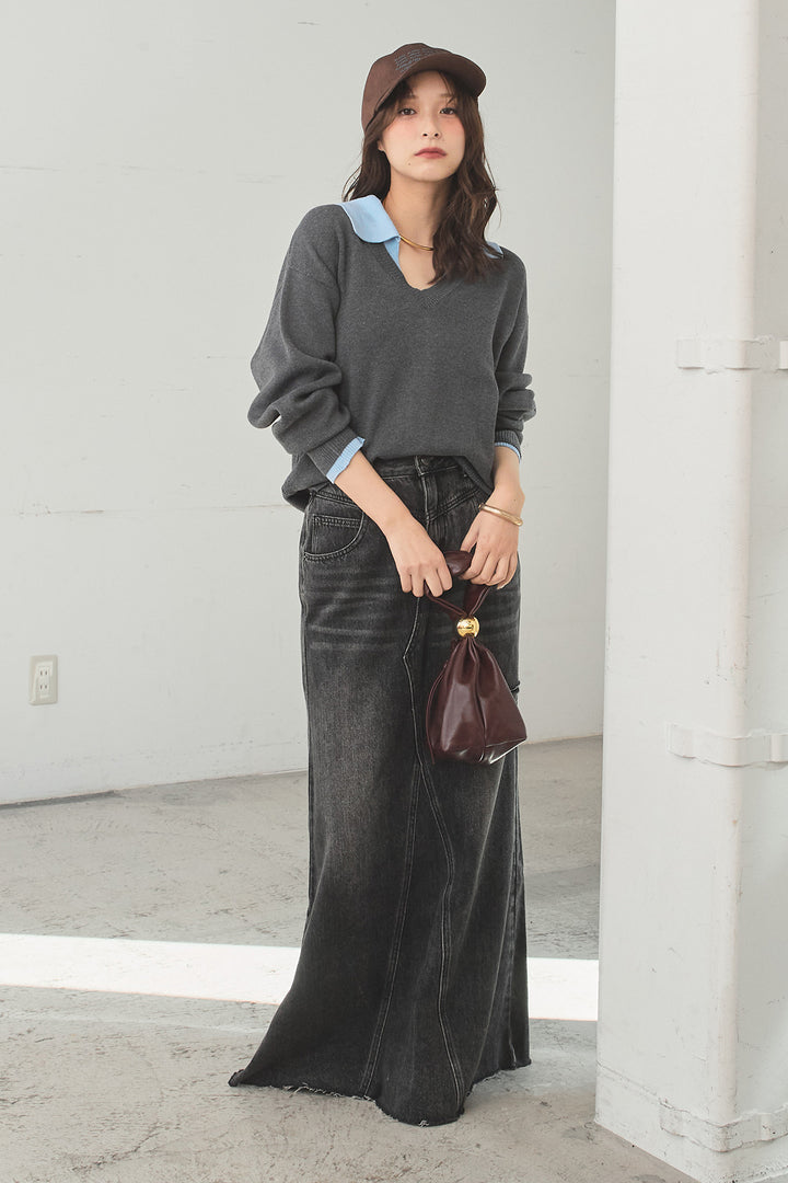 [SET]バイカラーニットレイヤード風プルオーバー+Aラインデニムスカート(2set)