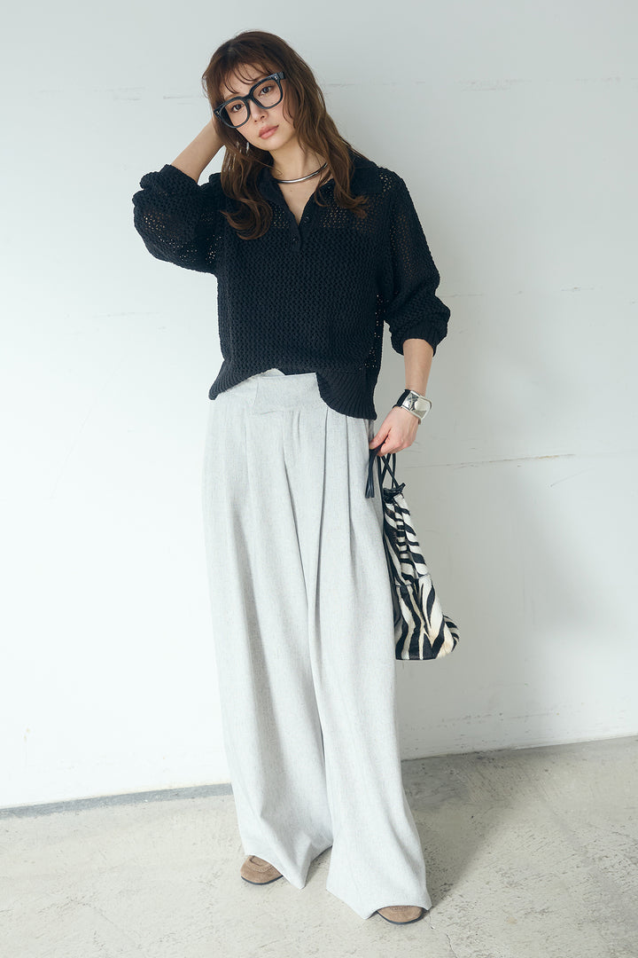 [SET]ミックスメッシュポロニット+麻混タックワイドパンツ(2set)