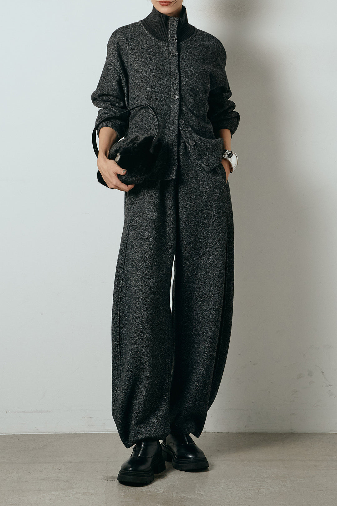 [SET]リブスタンドネックボタントップスSETUP