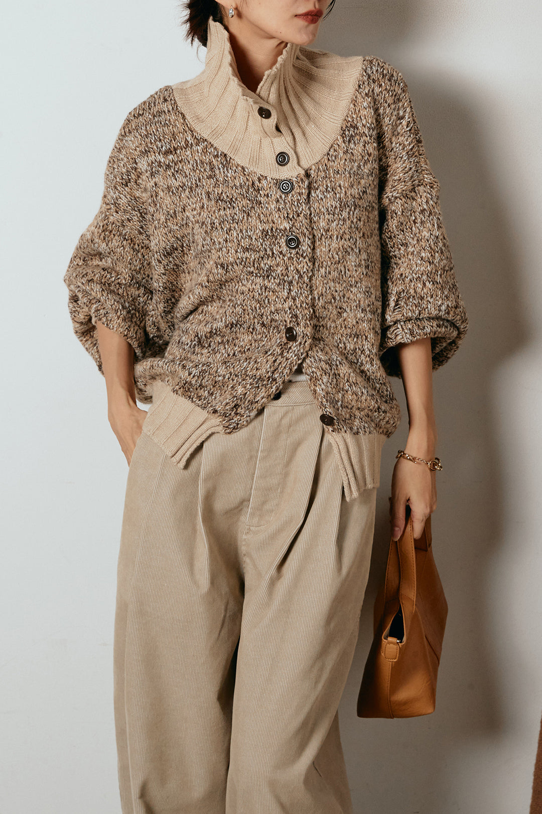 [SET]ハイネックミックスニットカーディガン+フロントタック入りコーデュロイパンツ(2set)