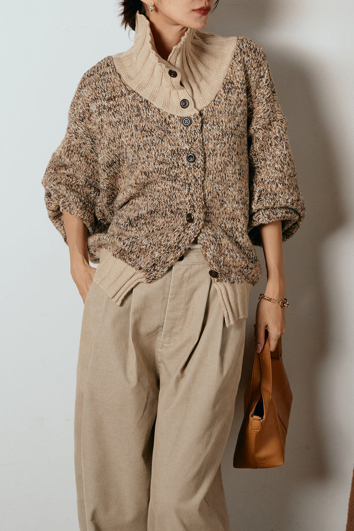 [SET]ハイネックミックスニットカーディガン+フロントタック入りコーデュロイパンツ(2set)