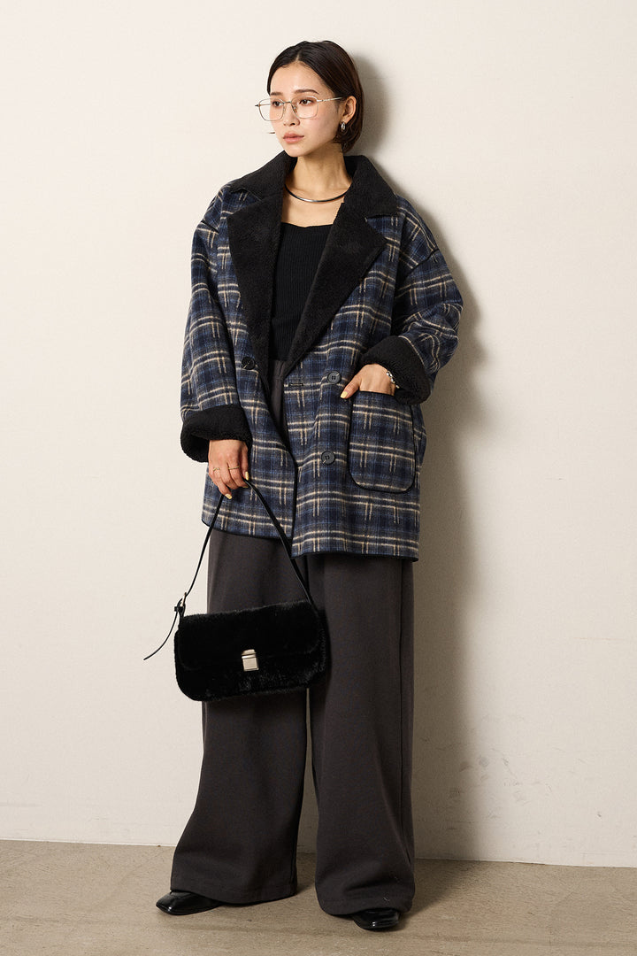 [SET]裏地ボアタータンチェック柄ミディアムコート+裏起毛スウェットワイドパンツ(2set)