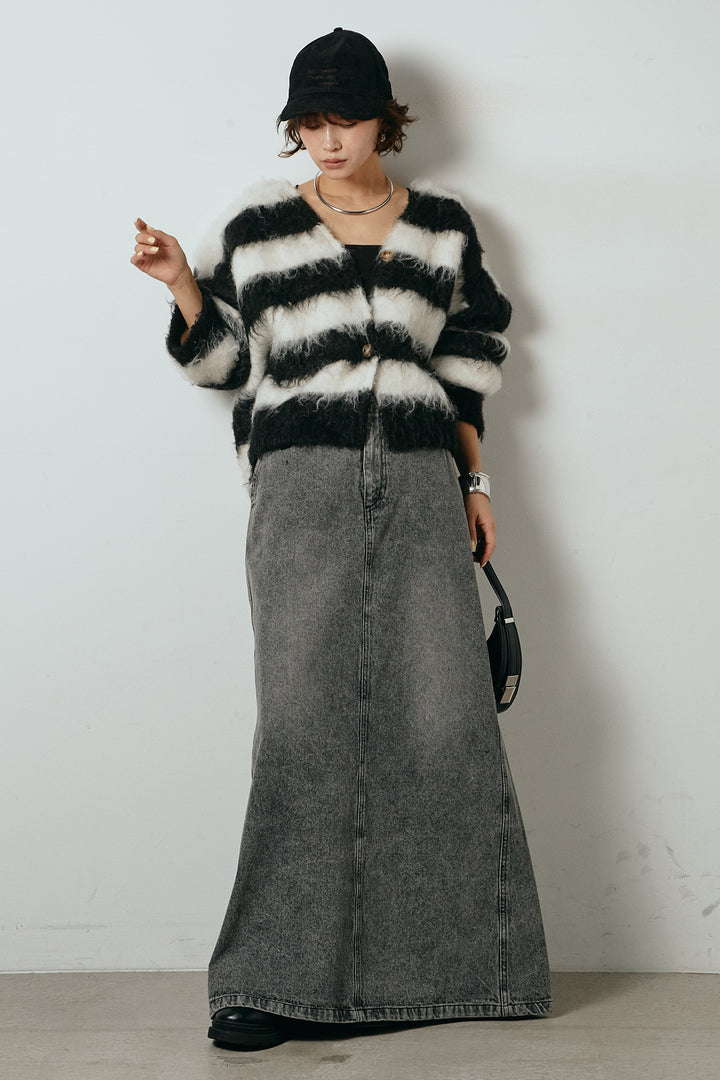 [SET]シャギーボーダー柄ニットカーディガン+デニムロングフレアスカート(2set)