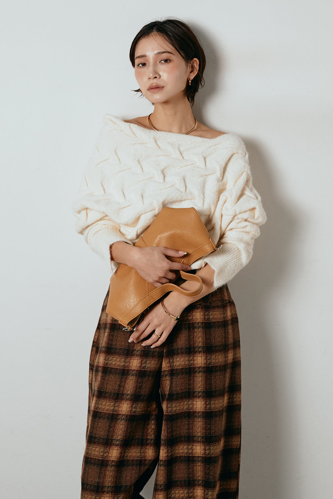 [SET]ボートネックニットトップス+ルーズタータンチェックワイドパンツ(2set)