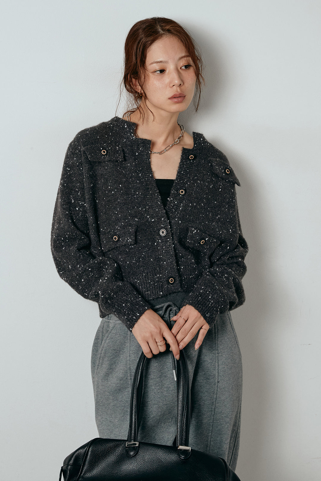 [SET]ネップニットカーディガン+スウェットワイドカーブパンツ(2set)