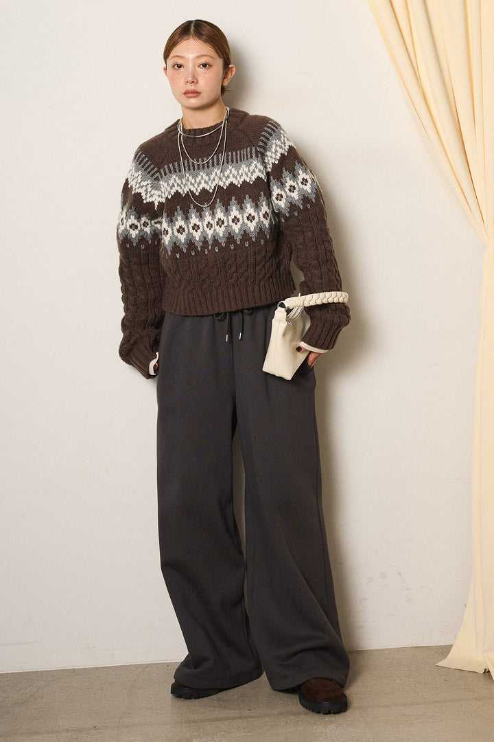 [SET]2WAY求心柄ジャガードショートカーディガン+裏起毛スウェットワイドパンツ+2WAY袖コード刺繍クルーネックプルオーバー(3set)