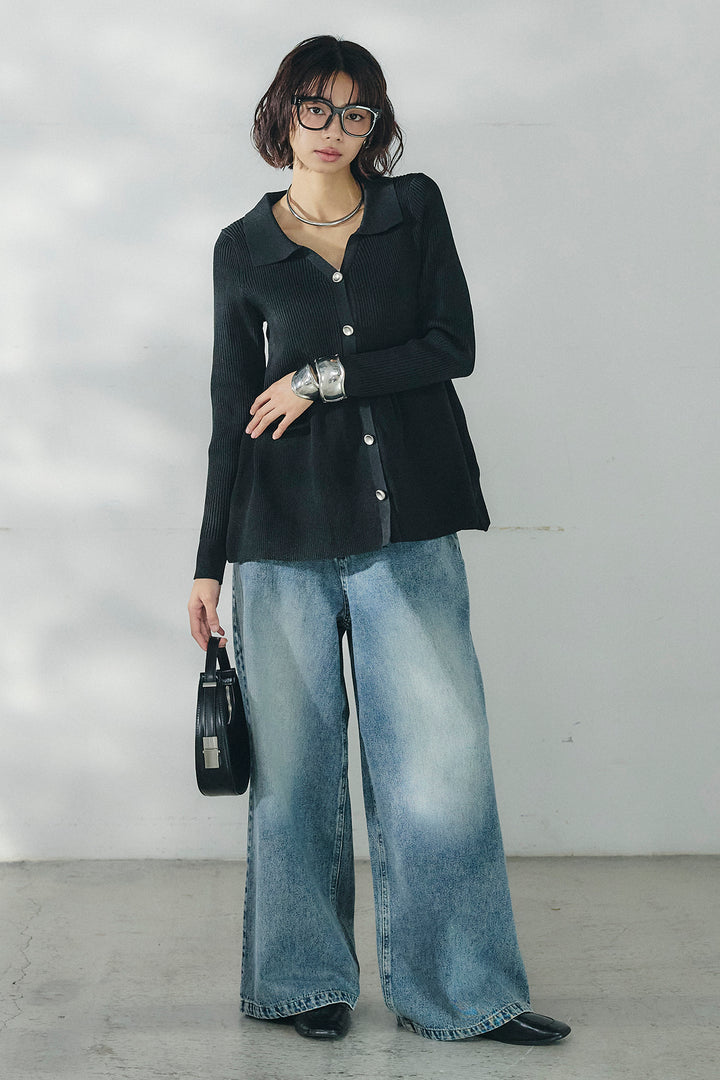 [SET]スキッパーペプラムニット+ウエスト裁ち切りデニムワイドパンツ(2set)