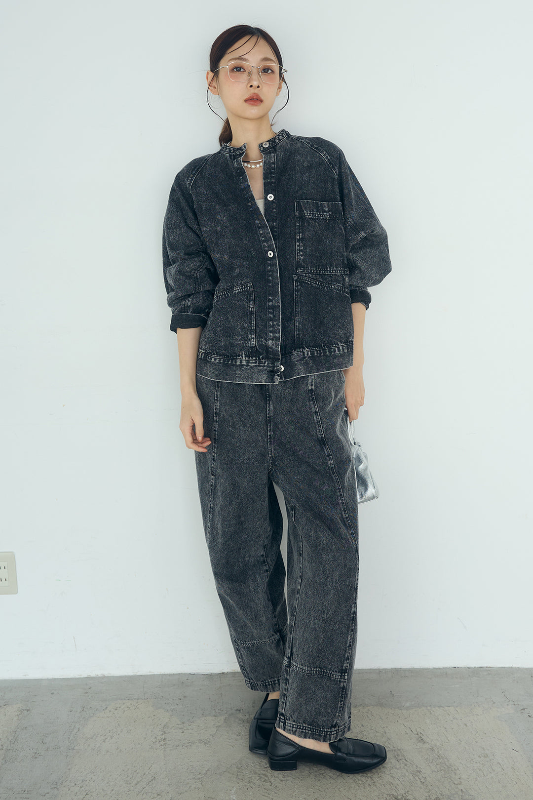 [SET]カラーデニムケミカル加工ノーカラーブルゾン+カラーデニムケミカル加工コクーンパンツ(2set)