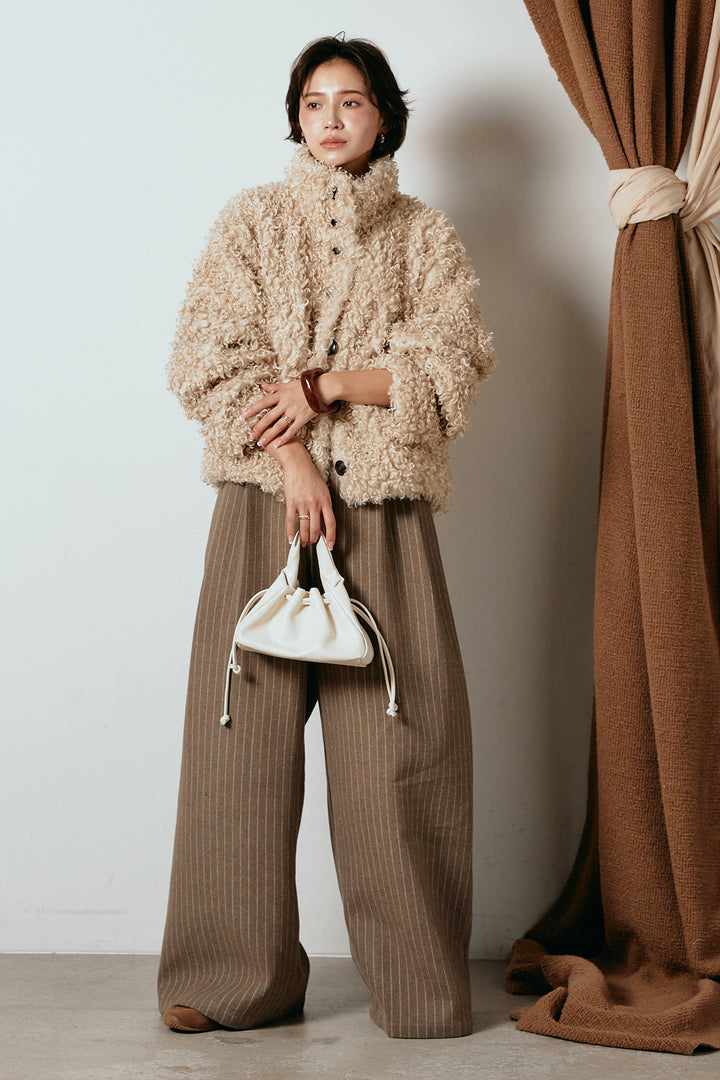 [SET]プードルファーミドルジャケット+ウールライクストライプパンツ(2set)
