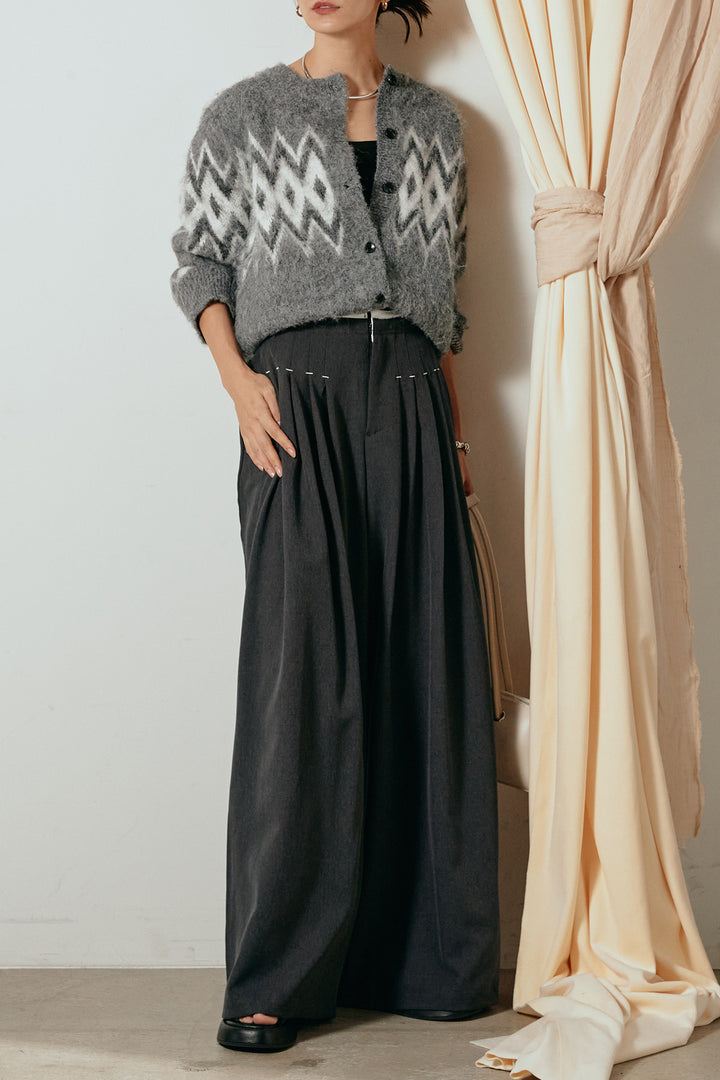 [SET]起毛ノルディック柄ニットカーディガン+ウエストステッチデザインワイドスラックス(2set)