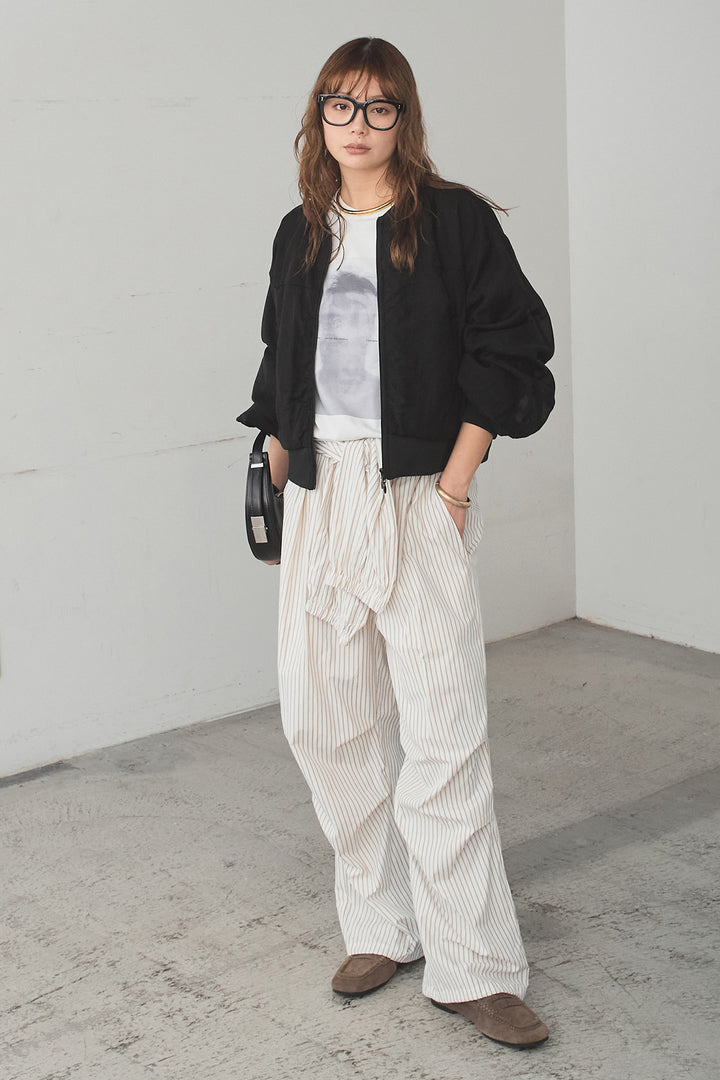 [SET]シアー×ポンチブルゾン+ストライプウエスト巻きジョガーパンツ+長袖アソートフォトTシャツ(3set)