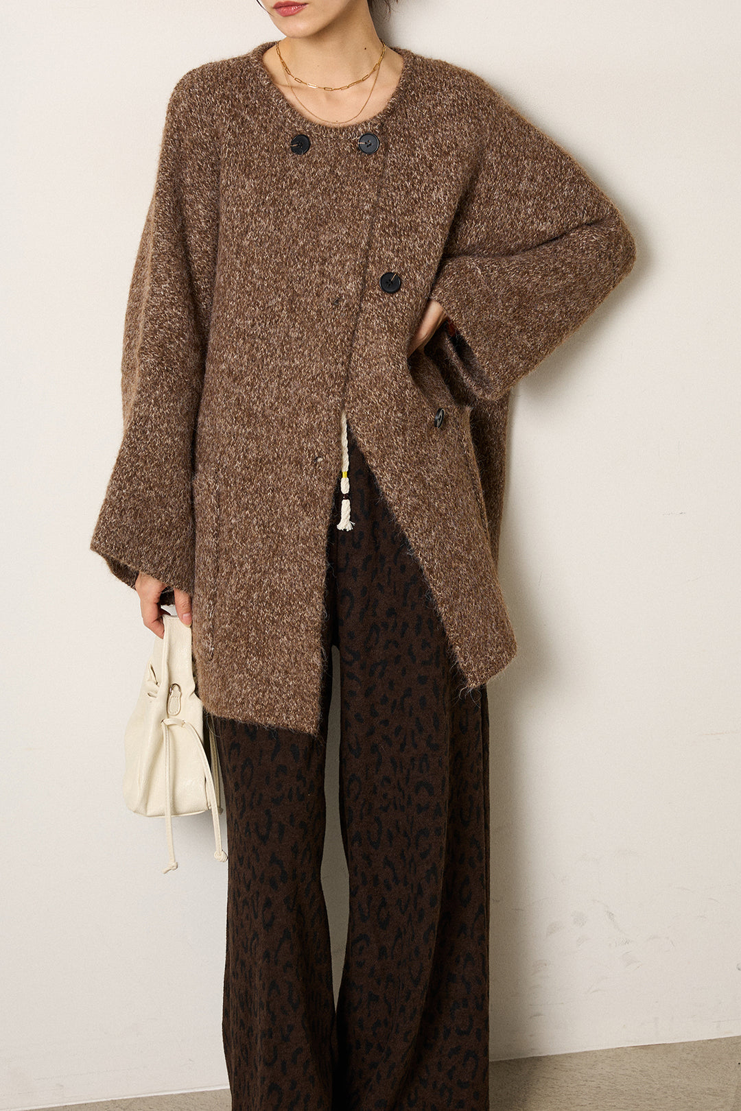[SET]アシンメトリーボタンニットカーディガン+レオパードジャガードニットパンツ(2set)