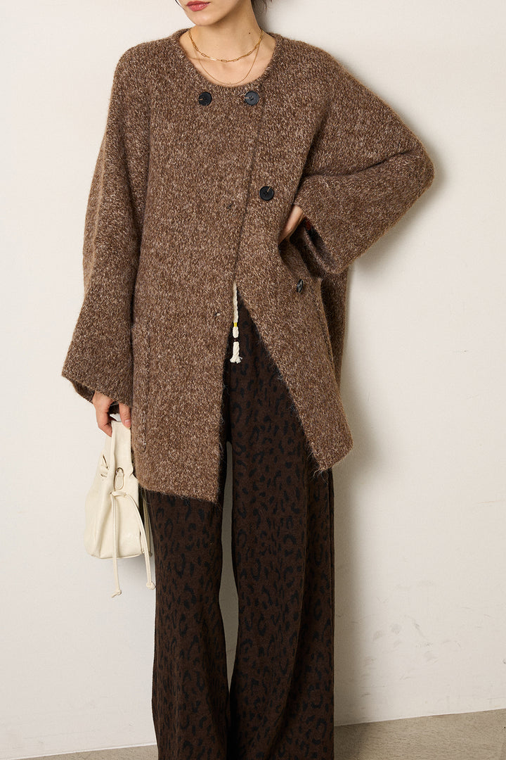 [SET]アシンメトリーボタンニットカーディガン+レオパードジャガードニットパンツ(2set)