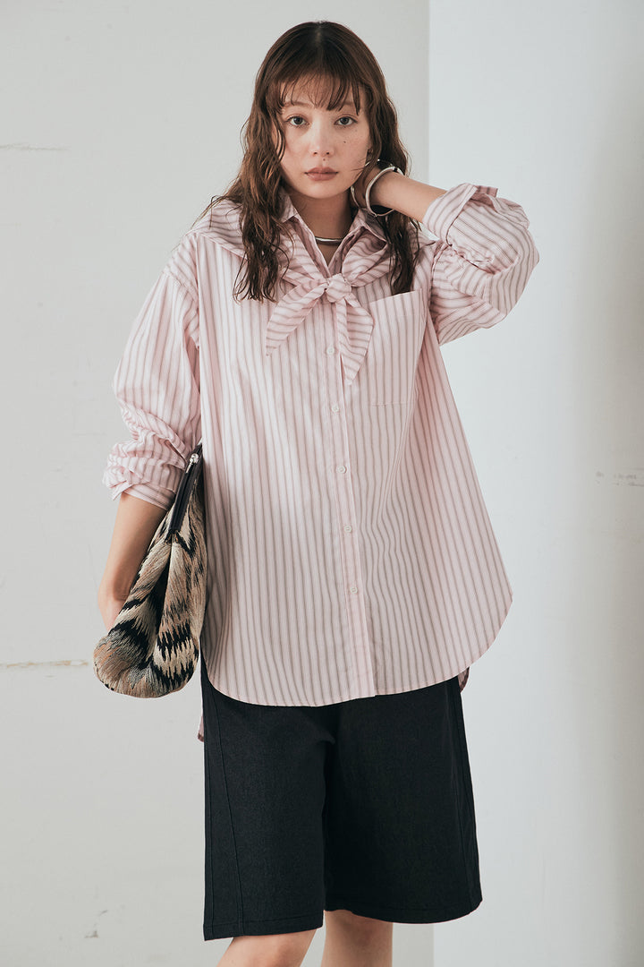 [SET]ランダムストライプスカーフ付きシャツ+デニムハーフパンツ(2set)