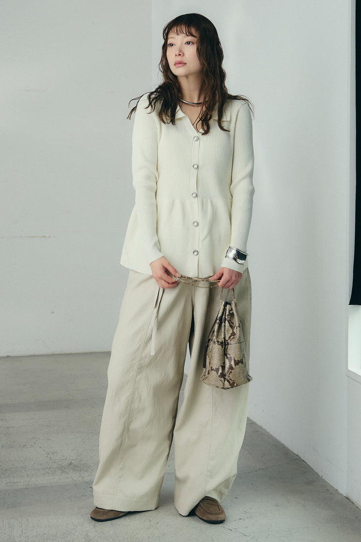 [SET]スキッパーペプラムニット+フェイクレザーカーブワイドパンツ(2set)