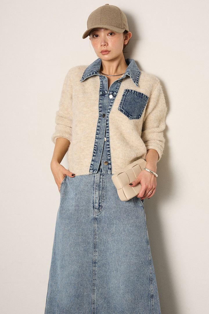 [SET]襟付きデニム切替ニットカーディガン+デニムロングフレアスカート(2set)