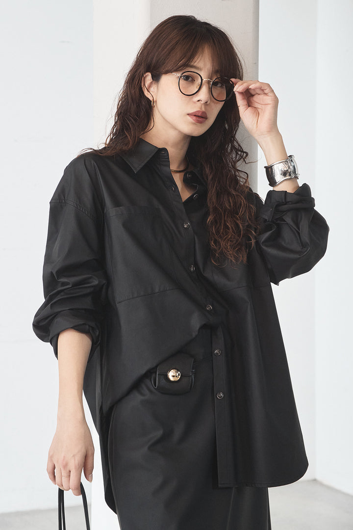 [SET]ウォッシャブルエコレザービックカフスシャツ+ウォッシャブルエコレザーナロースカート(2set)