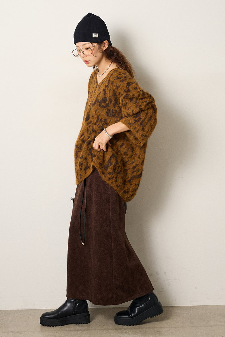 [SET]フラッフィーレオパードシャギーニット+ロープベルト付きスウェード調スカート(2set)