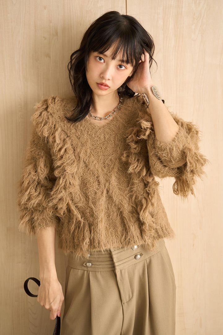 [SET]ランダムロングシャギーVネックニット+ナポレオンボタンデザインワイドパンツ(2set)
