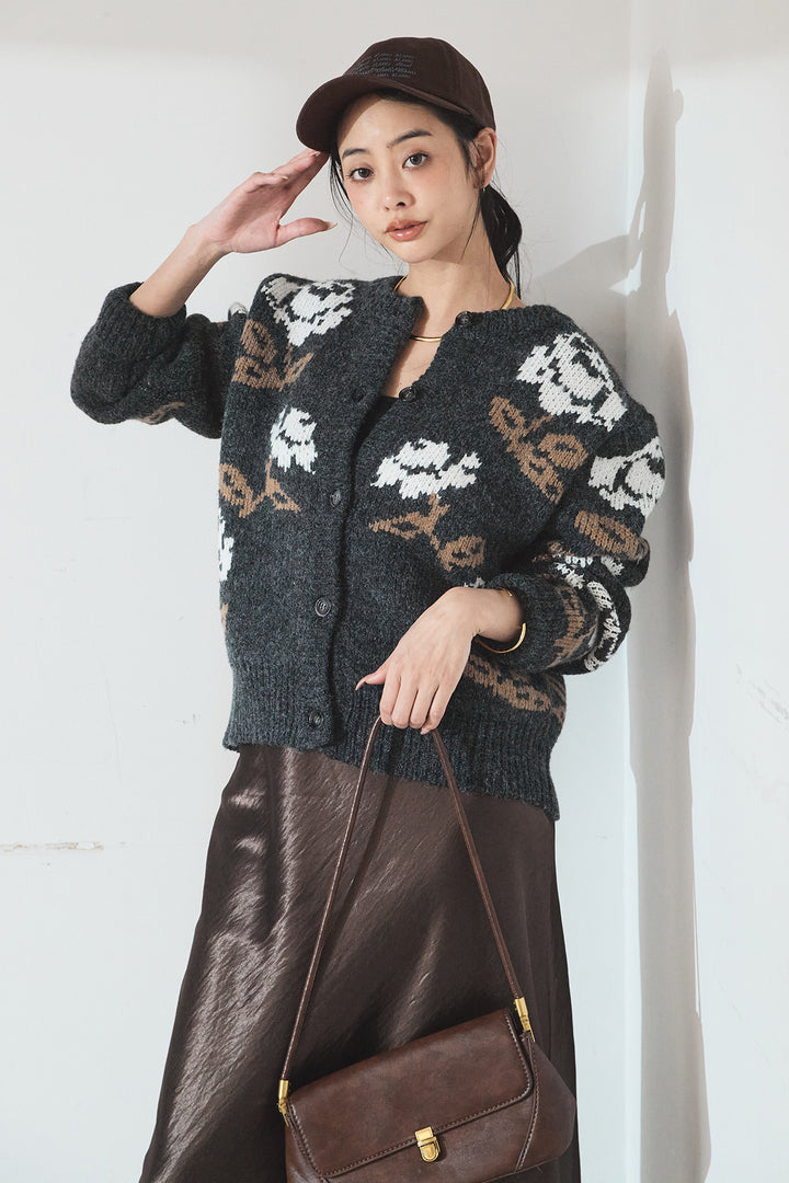 [SET]花柄ジャガードニットカーディガン+裾レースデザインサテンスカート(2set)