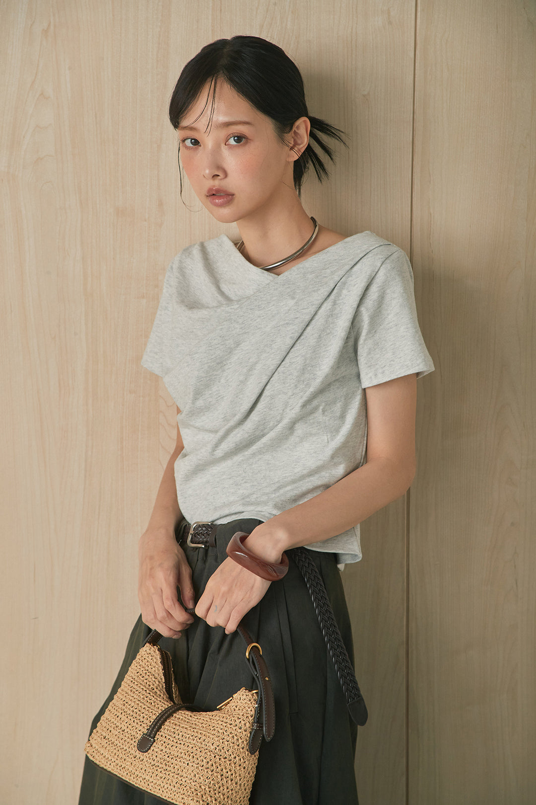 [SET]綿天竺半袖オフショルTシャツ+ニーサイドタックボリュームカーブパンツ(2set)