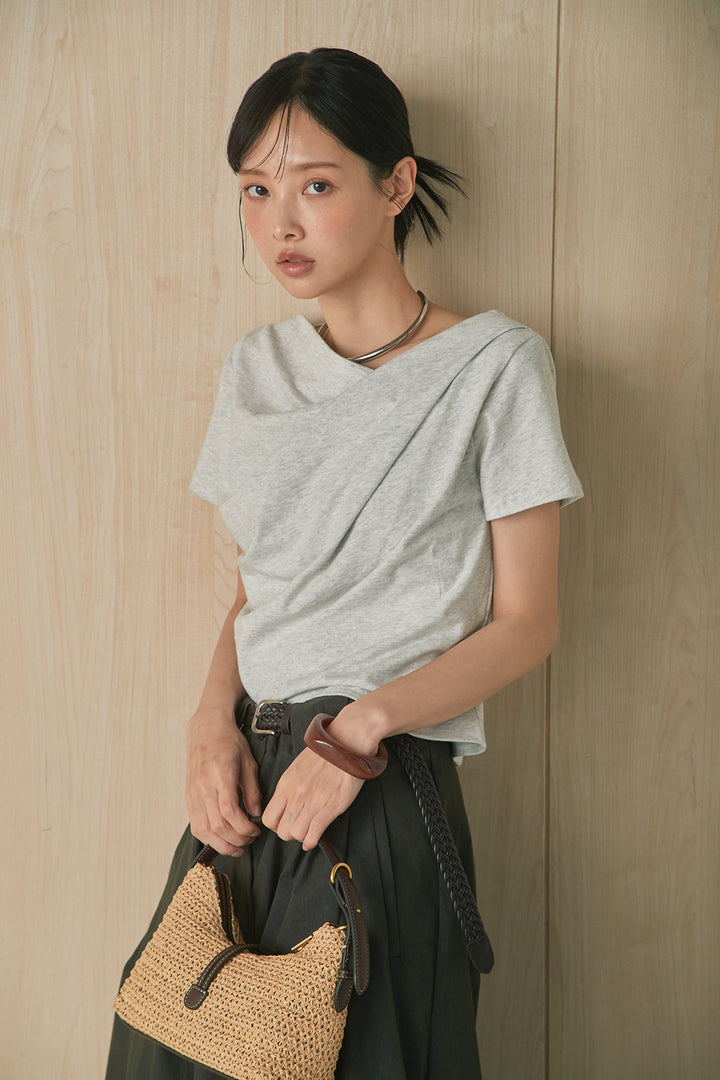 [SET]綿天竺半袖オフショルTシャツ+ニーサイドタックボリュームカーブパンツ(2set)