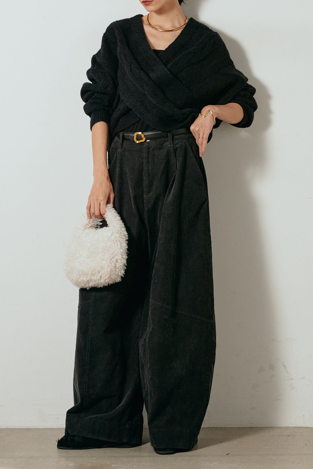 [SET]ケーブルカシュクールニットトップス+タック入りコーデュロイワイドパンツ(2set)