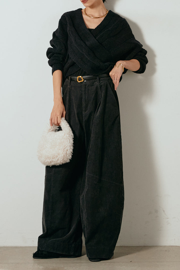 [SET]ケーブルカシュクールニットトップス+タック入りコーデュロイワイドパンツ(2set)