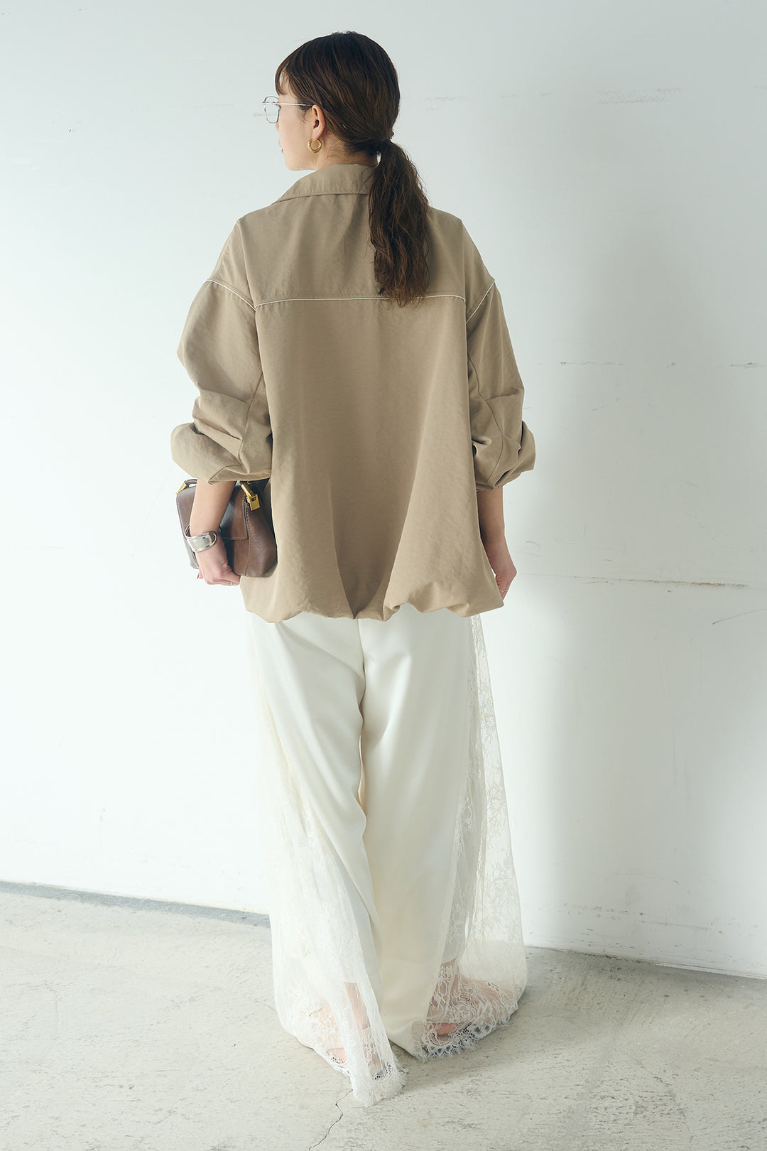 [SET]合繊ツイルバルーンジャケット+サテンレース切り替えタックパンツ(2set)