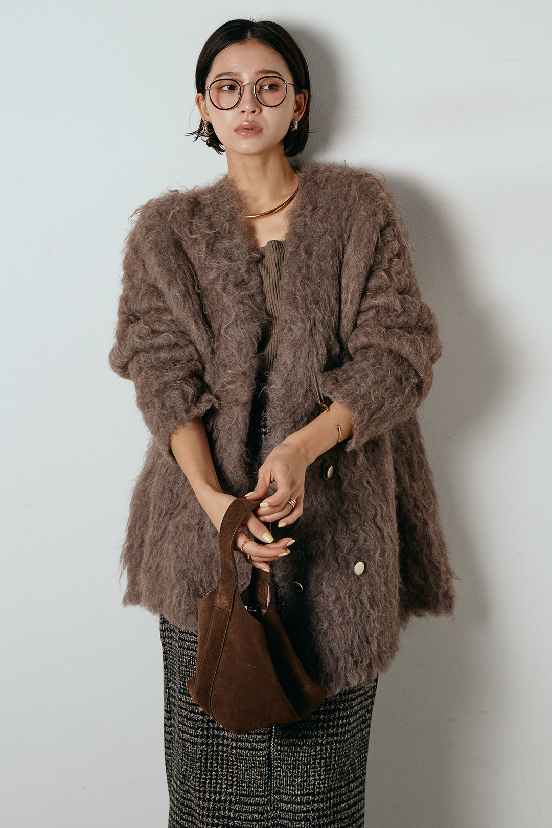 [SET]ウェーブシャギーニットジャケット+グレンチェック柄フロントジップタイトスカート(2set)