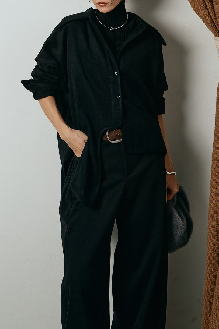 [SET]裾アシンメトリーデザインシャツ+編みベルト付きワイドパンツ+リブニットシームレスタートルプルオーバー(3set)