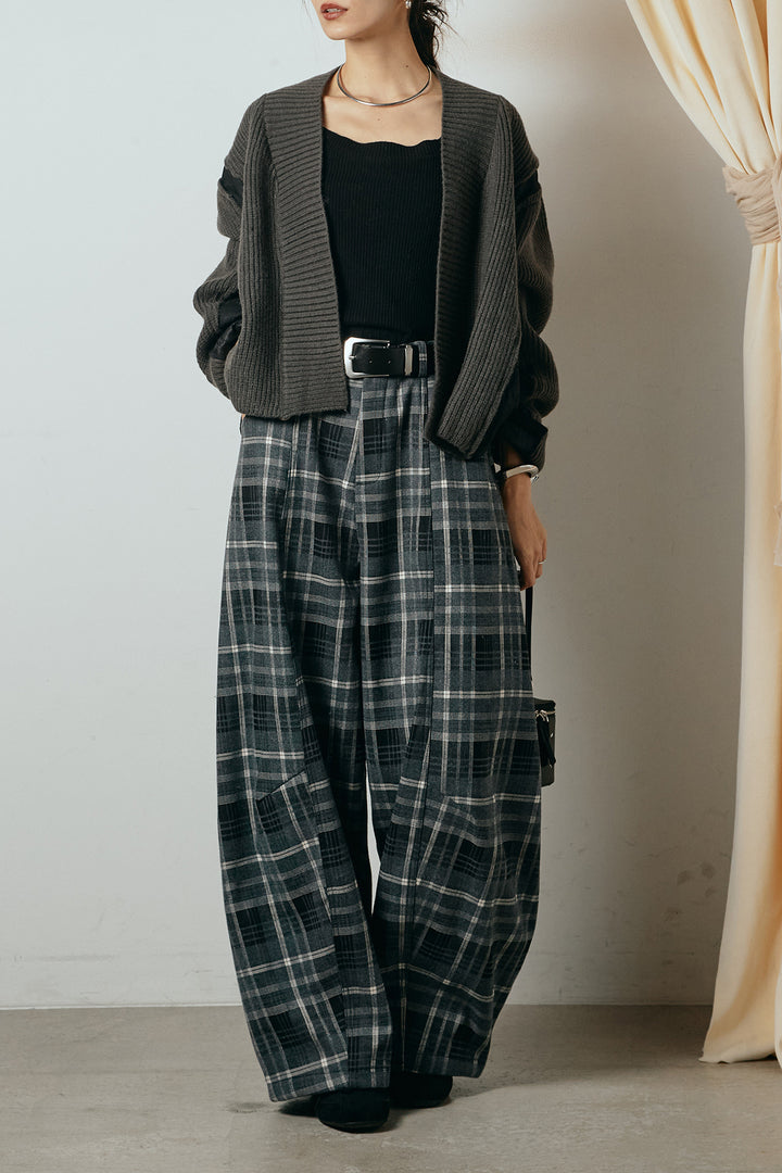 [SET]キルティング切り替えニットカーディガン+ベルト付きタータンチェックカーブワイドパンツ(2set)