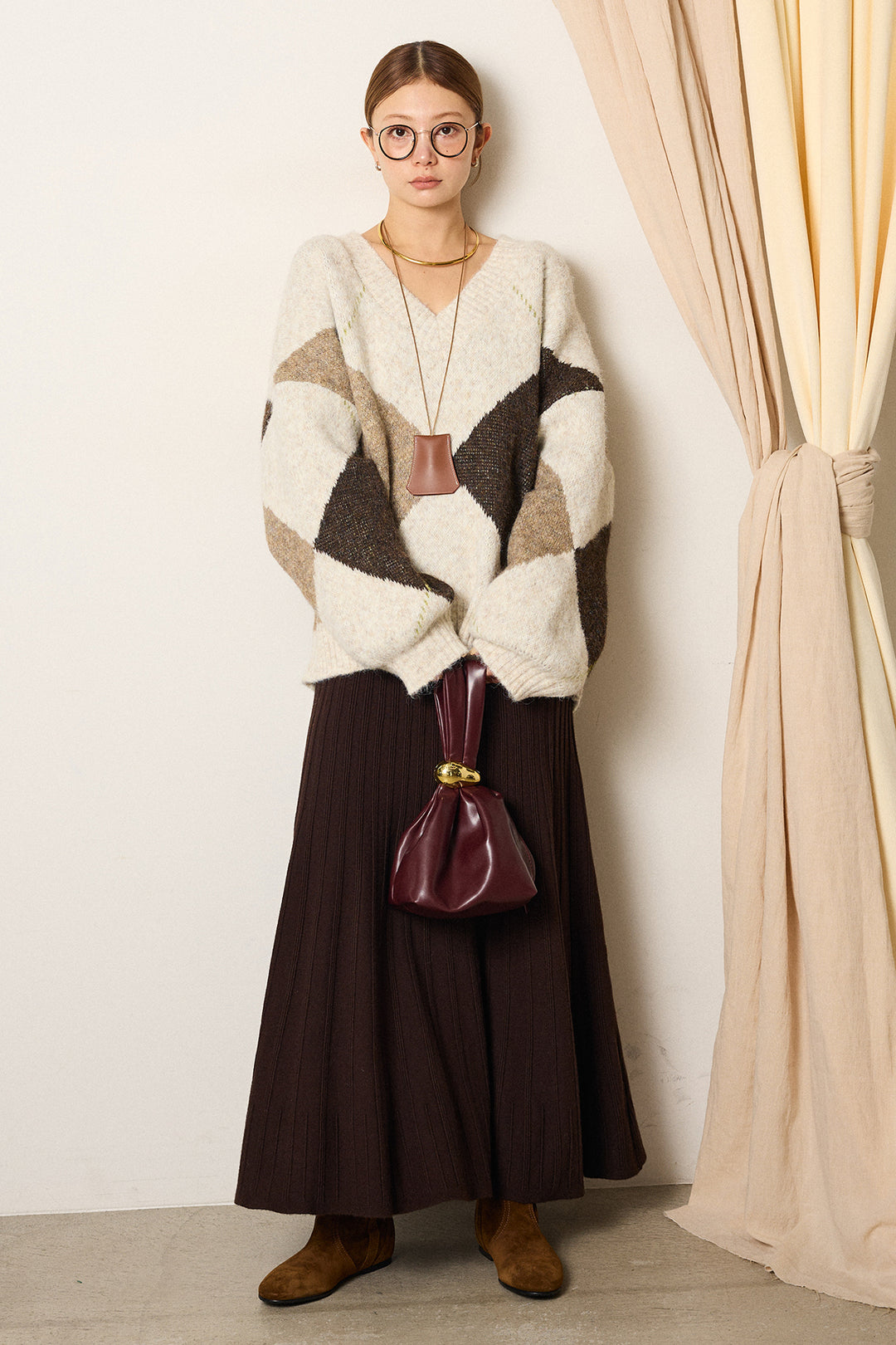 【着回しセット】[SET]ルーズアーガイルVネックニット+ルーズアーガイルVネックニット(2set)