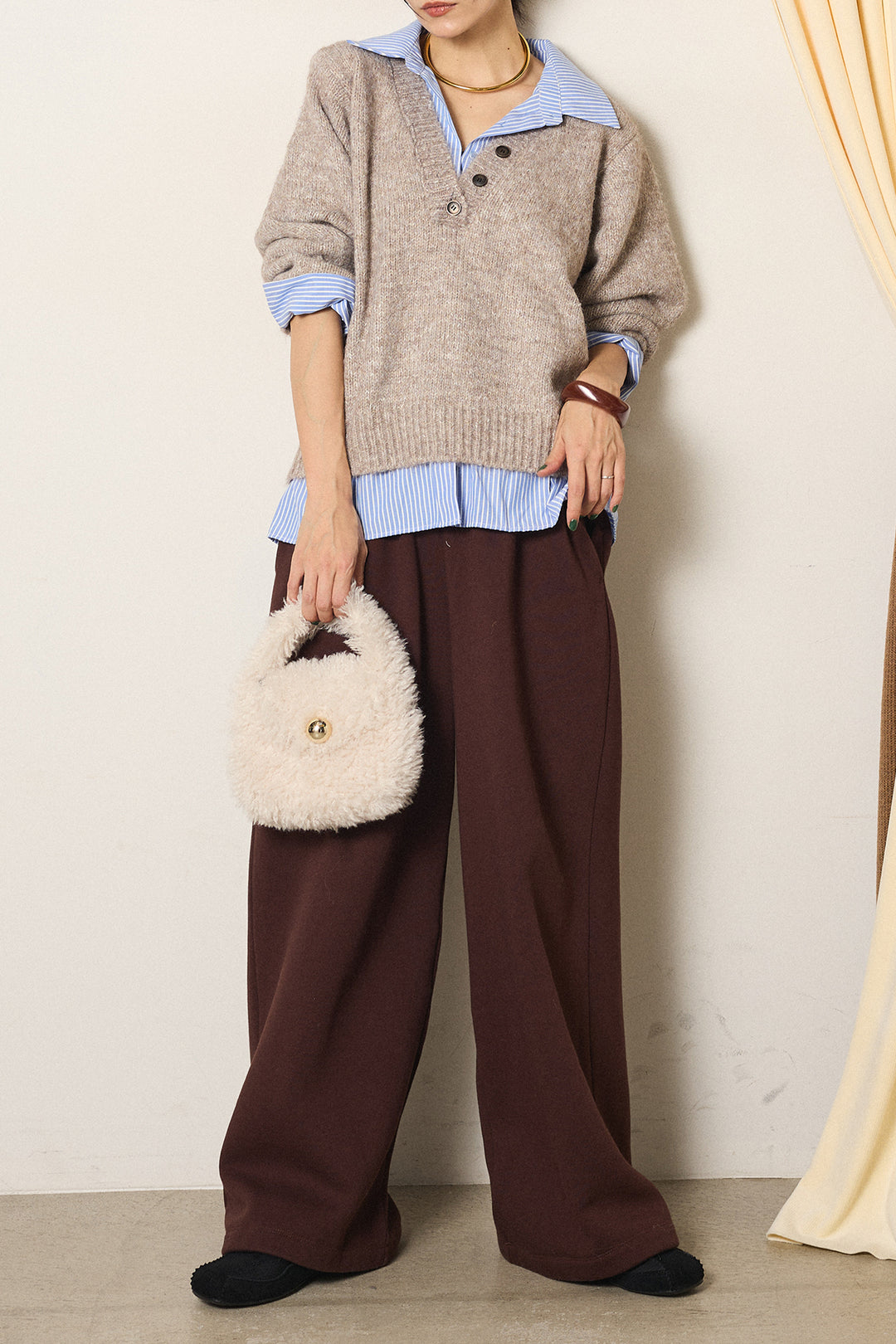 [SET]ストライプシャツドッキングニットポロトップス+裏起毛スウェットワイドパンツ(2set)