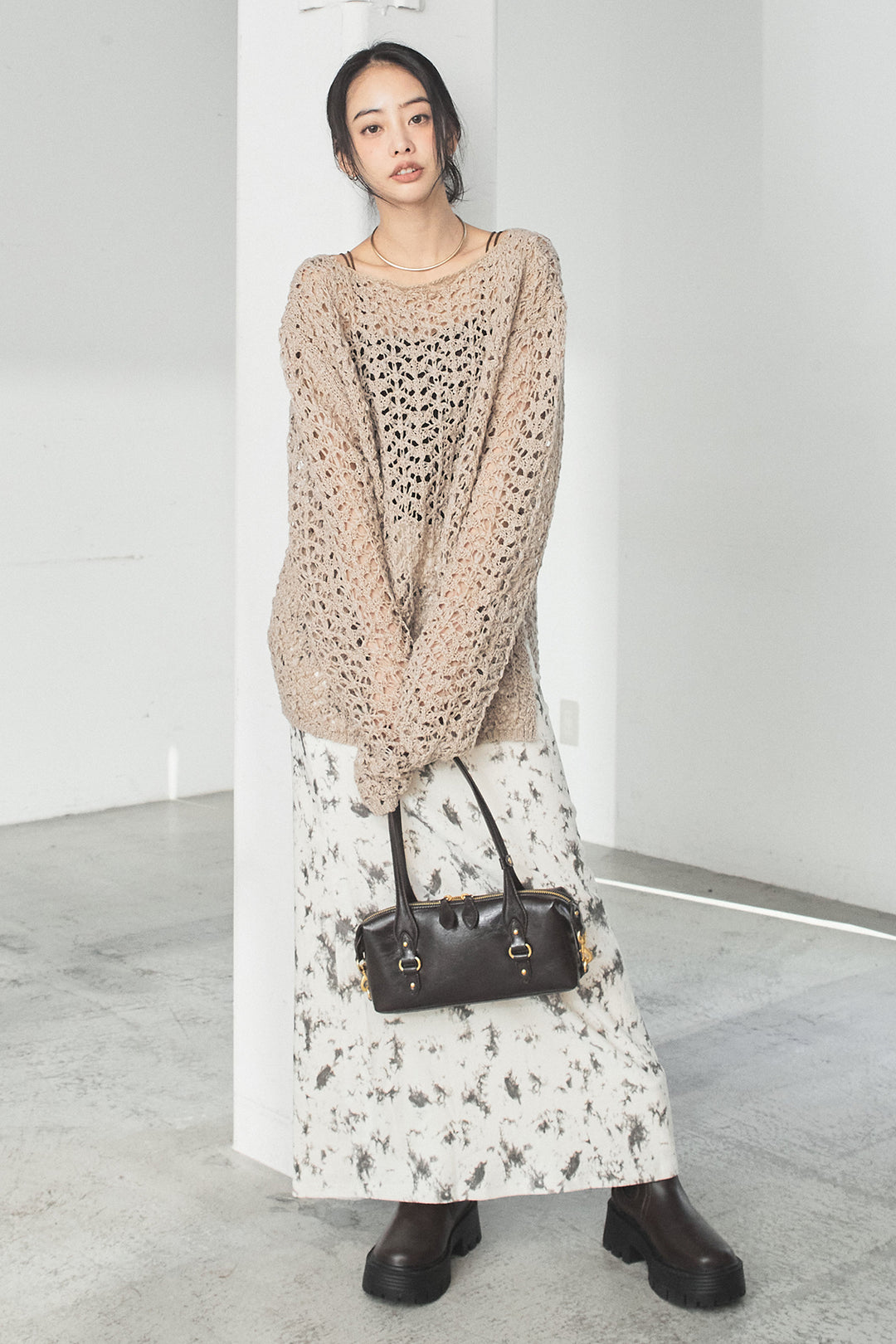 [SET]リラックスメッシュニットトップス+タイダイ柄ベロアワイドスカート(2set)