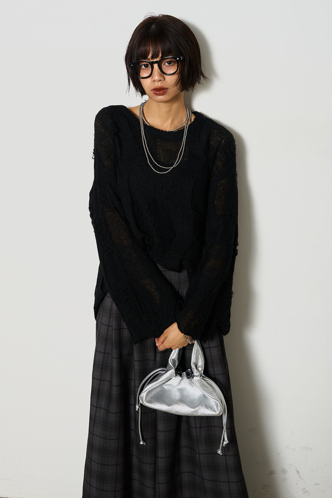 [SET]パターンモヘアローゲージニットプルオーバー+タータンワイドチェックパンツ(2set)