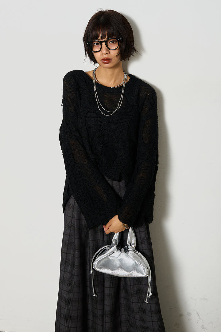 [SET]パターンモヘアローゲージニットプルオーバー+タータンワイドチェックパンツ(2set)