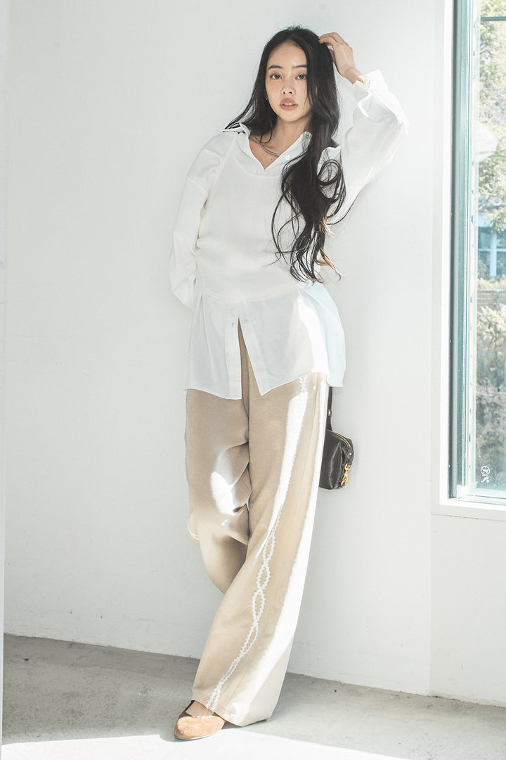 [SET]ニットキャミ付きシャツ+刺繡テープラインパンツ(2set)