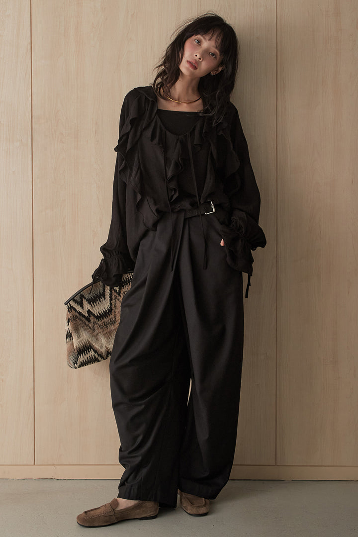 [SET]長袖ルーズフリルブラウス+サイドベルトデザインタックワイドパンツ(2set)