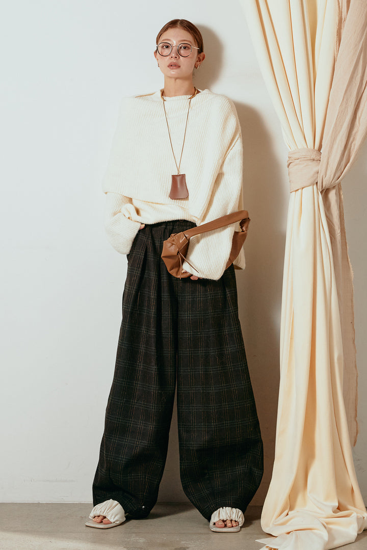 [SET]ケープデザインリブニットトップス+タータンチェック柄タックパンツ(2set)