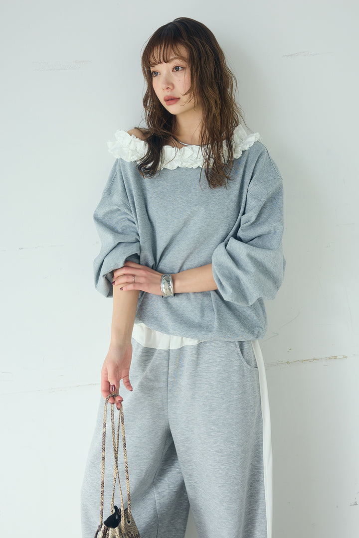 [SET]ネックギャザーフリルスウェット+異素材切り替えスウェットパンツ(2set)