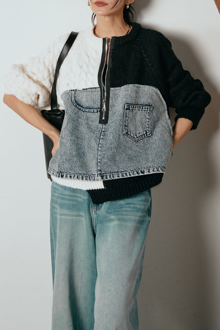 [SET]ハーフジップニットデニムドッキングトップス+ウエストダブルボタンワイドデニムパンツ(2set)