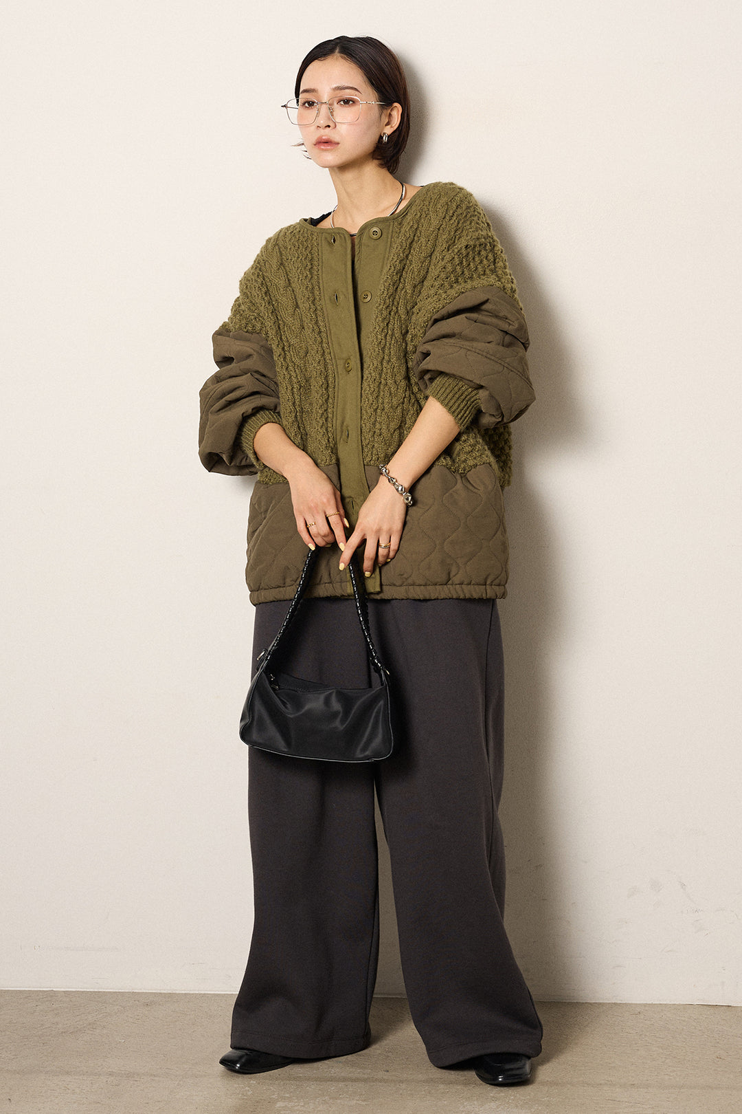 [SET]アラン編みニットノーカラー裾キルティングブルゾン+裏起毛スウェットワイドパンツ(2set)