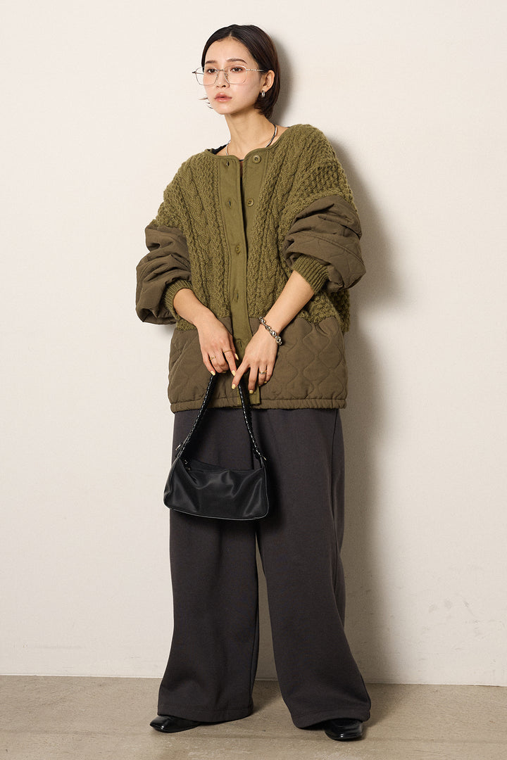 [SET]アラン編みニットノーカラー裾キルティングブルゾン+裏起毛スウェットワイドパンツ(2set)