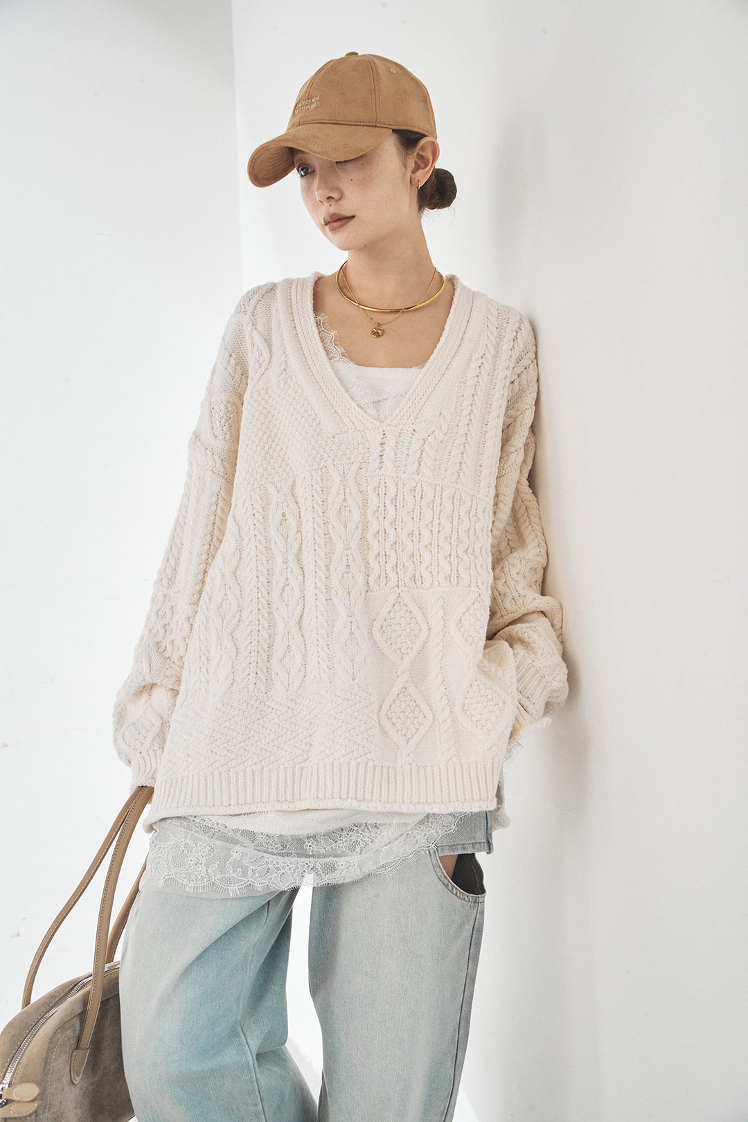 [SET]ケーブルVニットセーター+デニムサイドカットパンツ(2set)