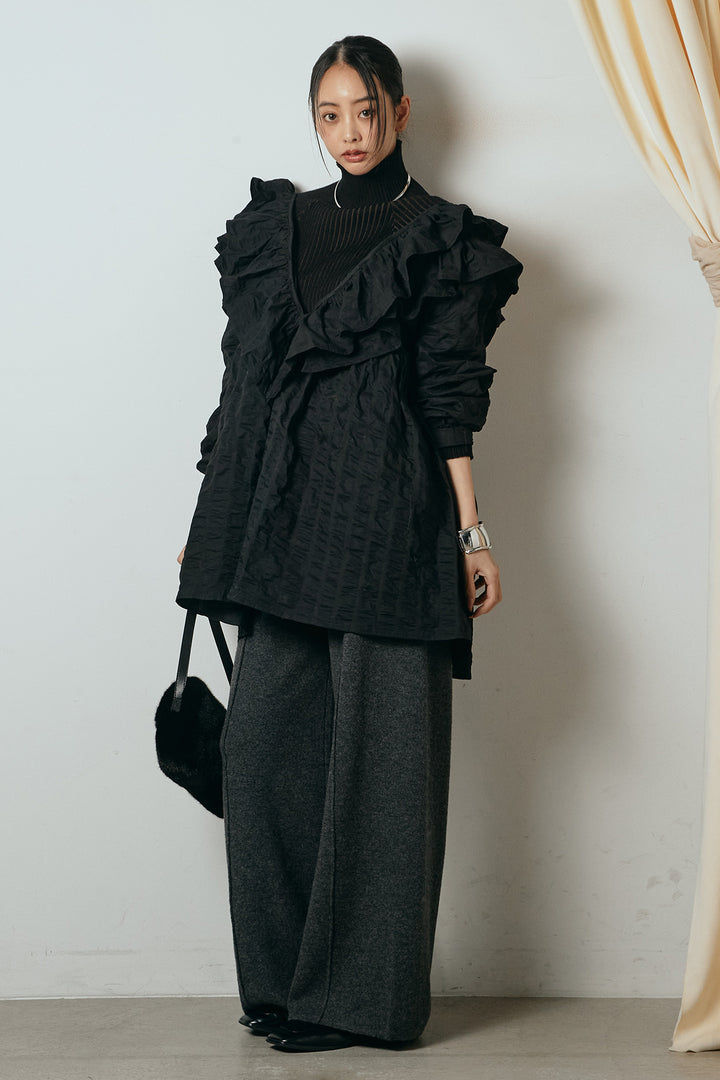 [SET]Vネックフリルカラーブラウス+センターラインニットパンツ(2set)